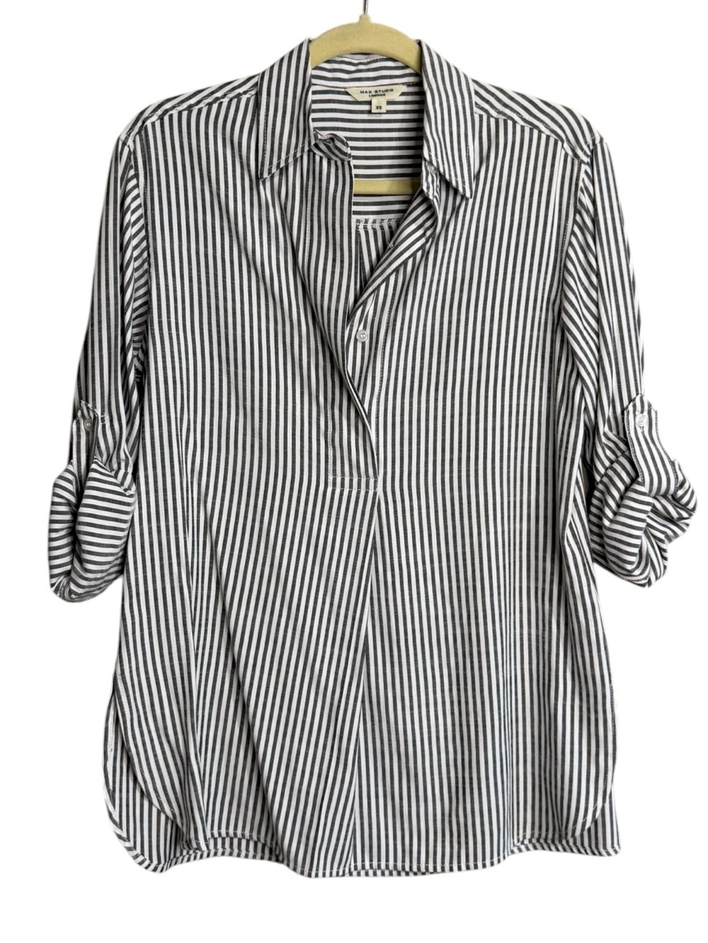 Max Studio Black and White Striped Oversized Button-Down Pop-over Shirt